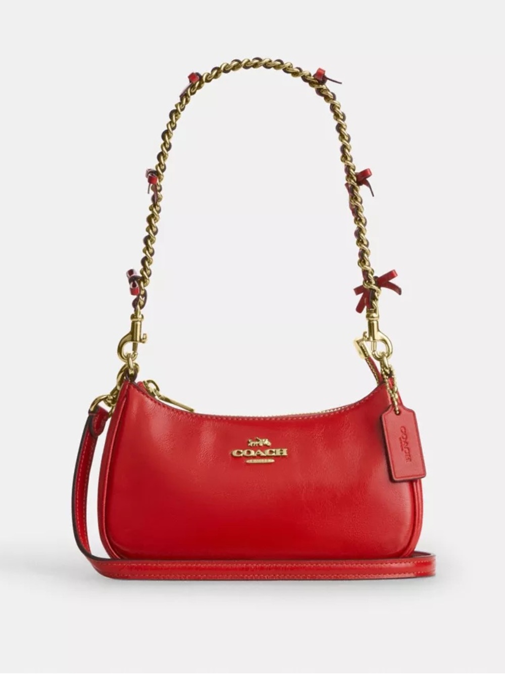Coach Red Leather Mini -Teri Bag with Bow Chain & Card Case